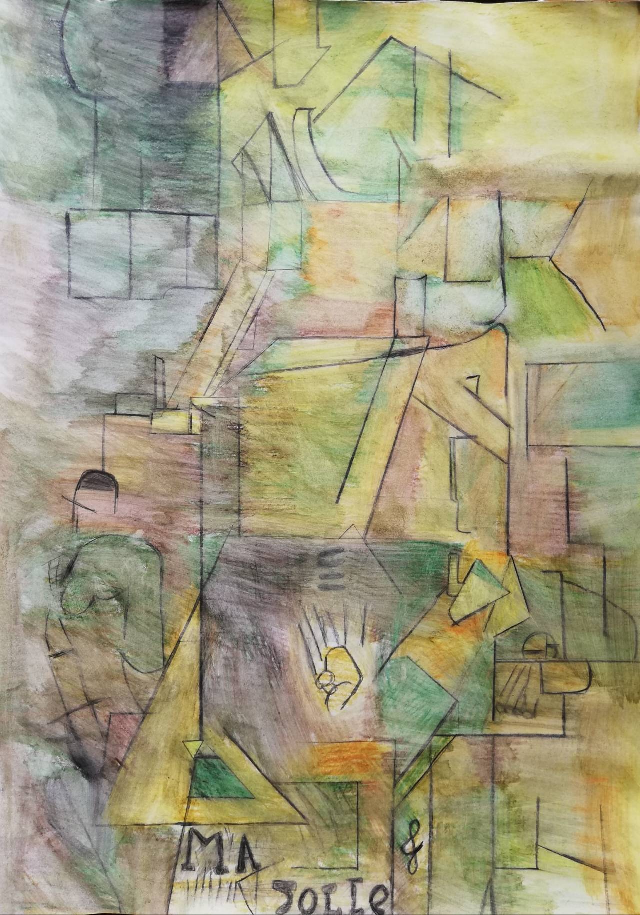 La botella de ron, dibujo de Aura Martín (todos los derechos otorgados a la Fundación Orden de la Paz para el concurso Picasso Cuadros Sinfónicos en Málaga)