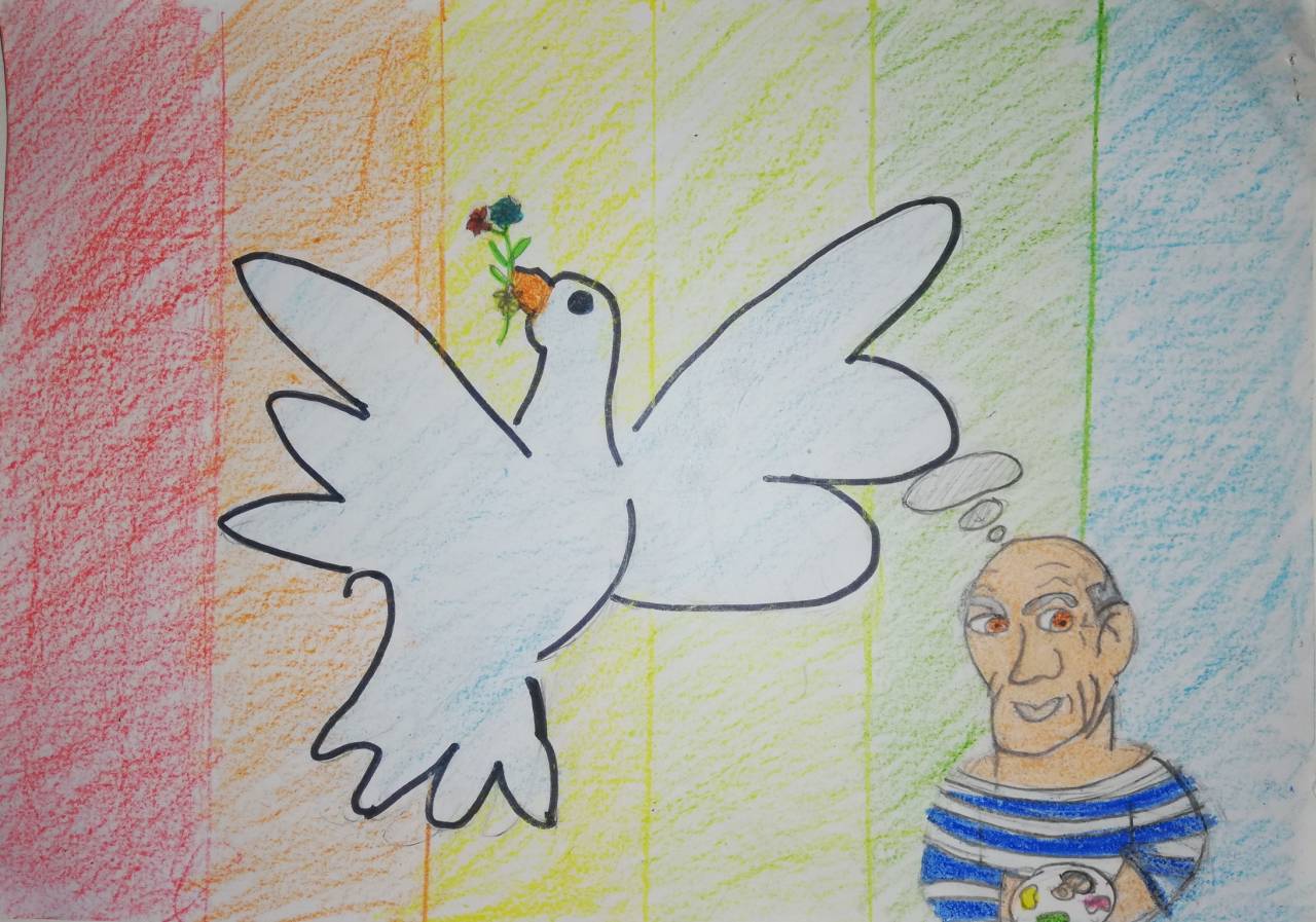 La paloma de la Paz, dibujo de Chloé Vialar (todos los derechos otorgados a la Fundación Orden de la Paz para el concurso Picasso Cuadros Sinfónicos en Málaga)