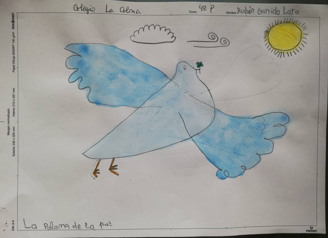 La paloma de la Paz, dibujo de Rubén Garrido (todos los derechos otorgados a la Fundación Orden de la Paz para el concurso Picasso Cuadros Sinfónicos en Málaga)