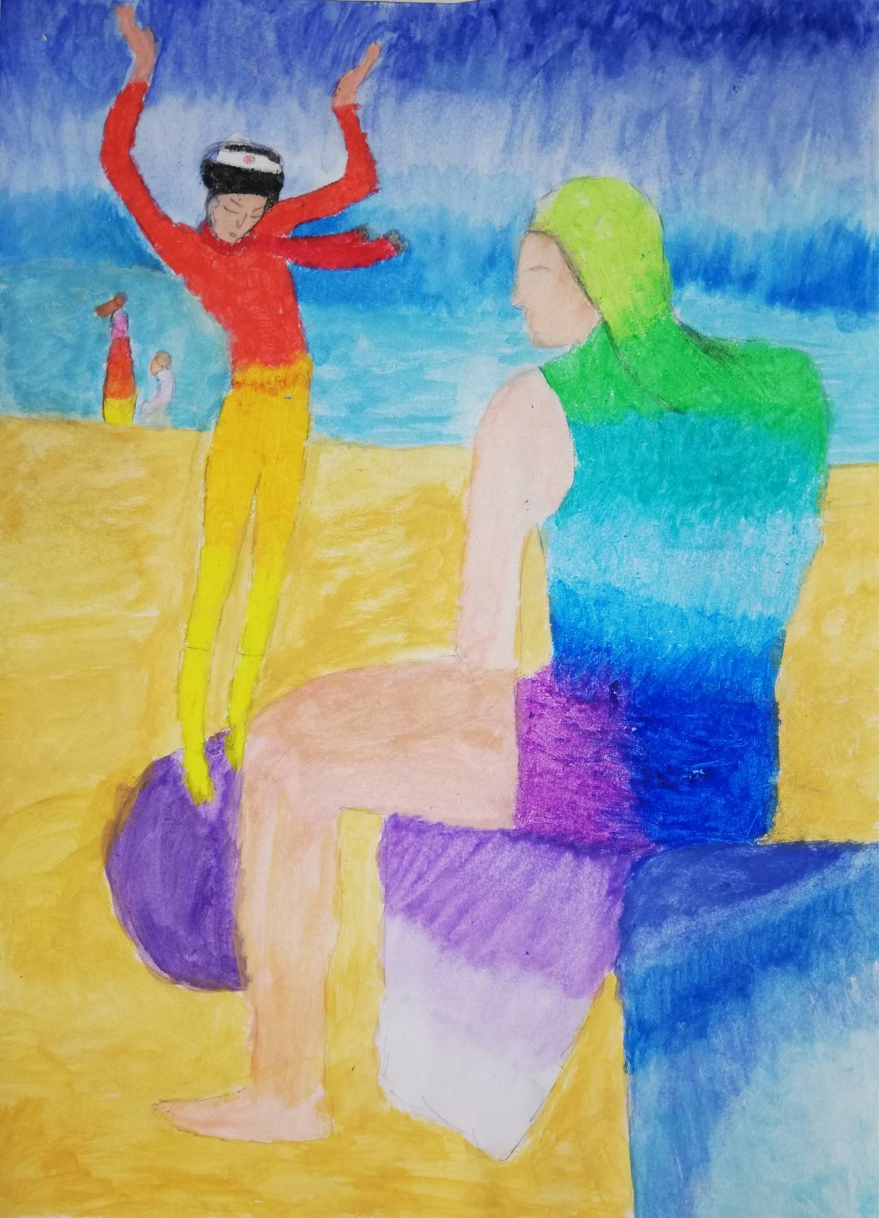 Acróbata con balón, dibujo de Nayra Sadhwani (todos los derechos otorgados a la Fundación Orden de la Paz para el concurso Picasso Cuadros Sinfónicos en Málaga)