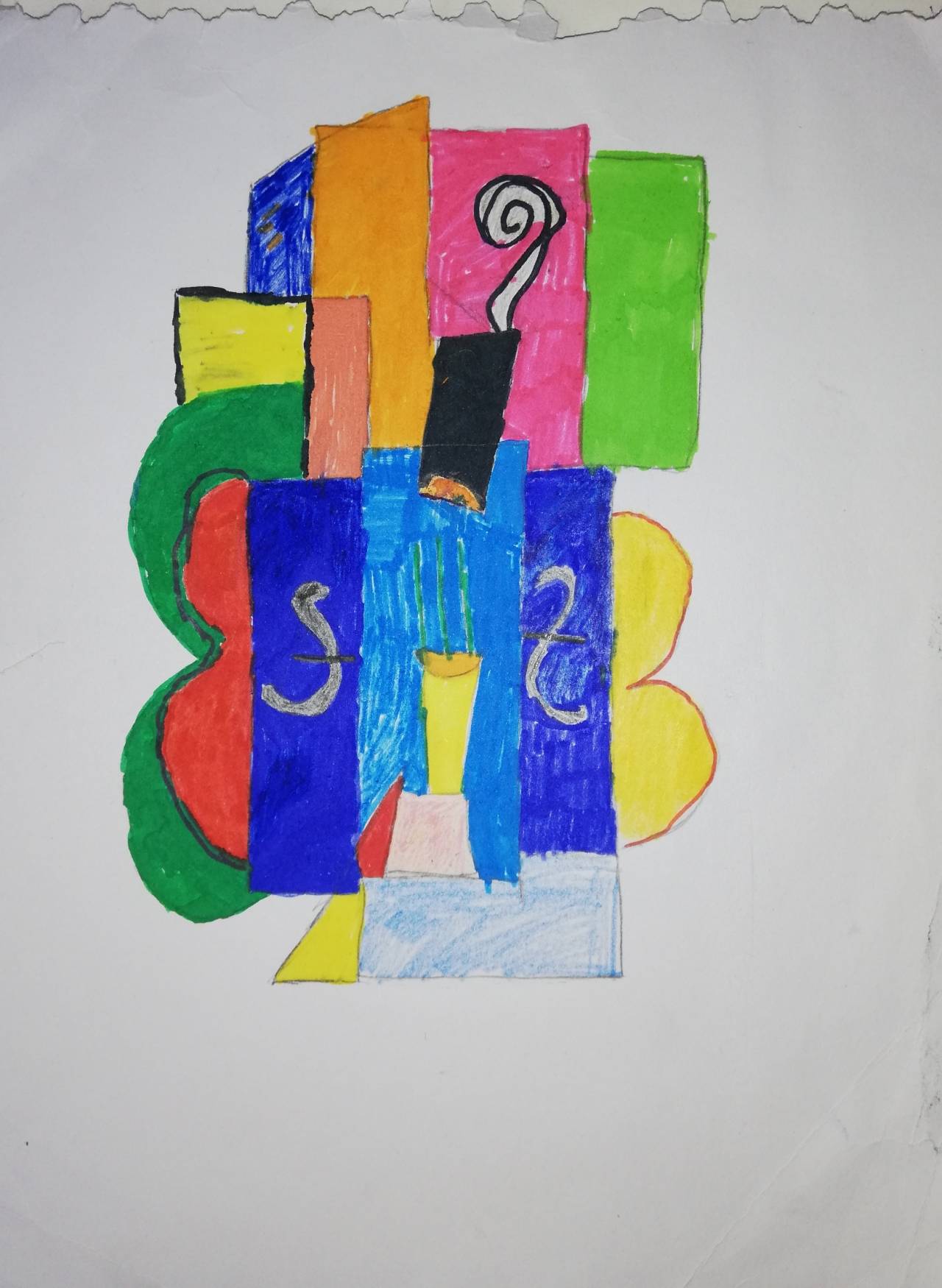 Violín colgado en la pared, dibujo de Maya González (todos los derechos otorgados a la Fundación Orden de la Paz para el concurso Picasso Cuadros Sinfónicos en Málaga)