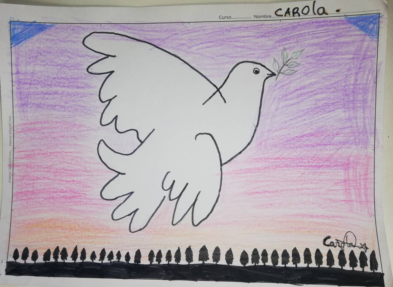 La paloma de la Paz, dibujo de Carola Mora (todos los derechos otorgados a la Fundación Orden de la Paz para el concurso Picasso Cuadros Sinfónicos en Málaga)