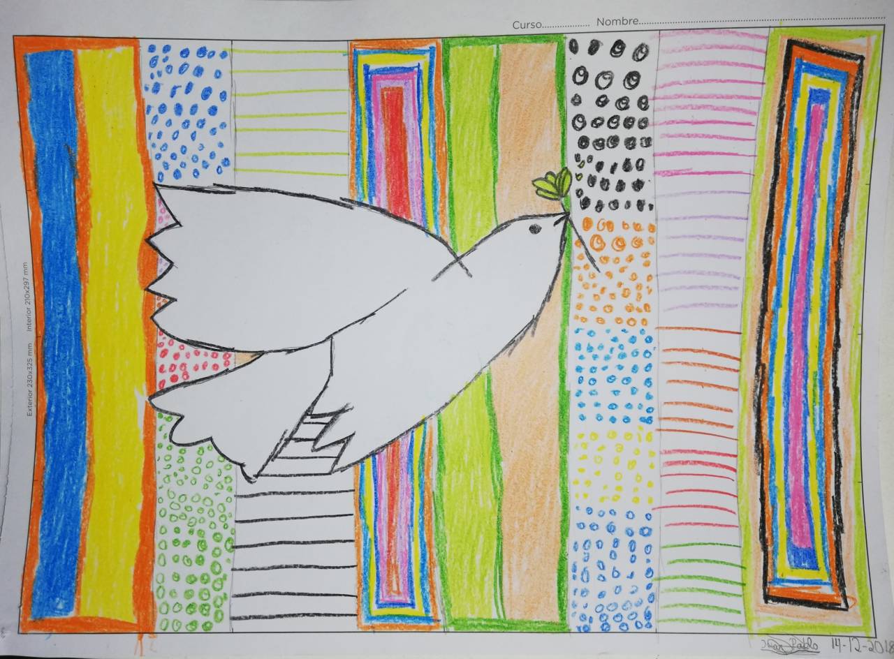 La paloma de la Paz, dibujo de Juan Pedrajas (todos los derechos otorgados a la Fundación Orden de la Paz para el concurso Picasso Cuadros Sinfónicos en Málaga)