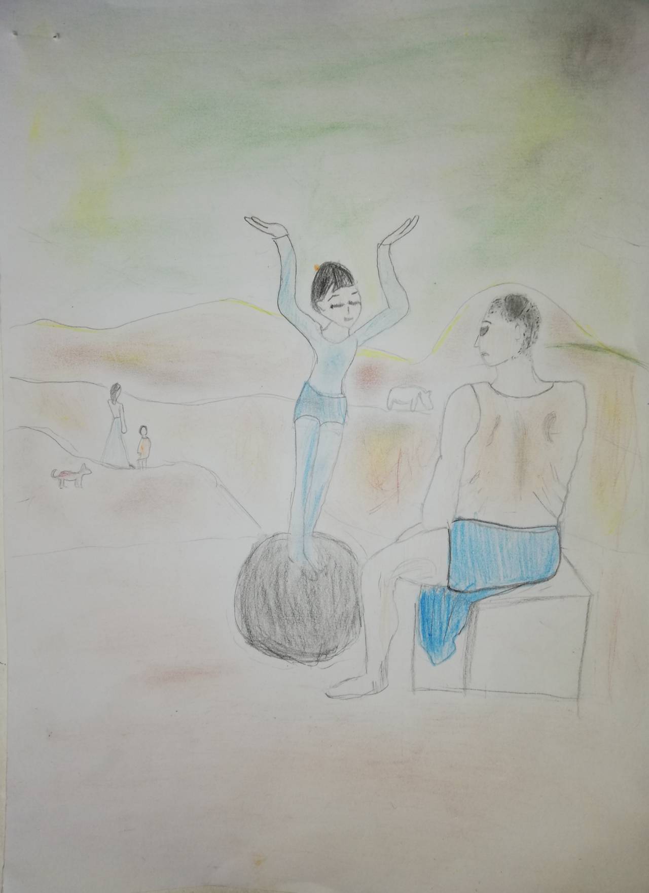 Acróbata con balón, dibujo de Marta Aguayo (todos los derechos otorgados a la Fundación Orden de la Paz para el concurso Picasso Cuadros Sinfónicos en Málaga)