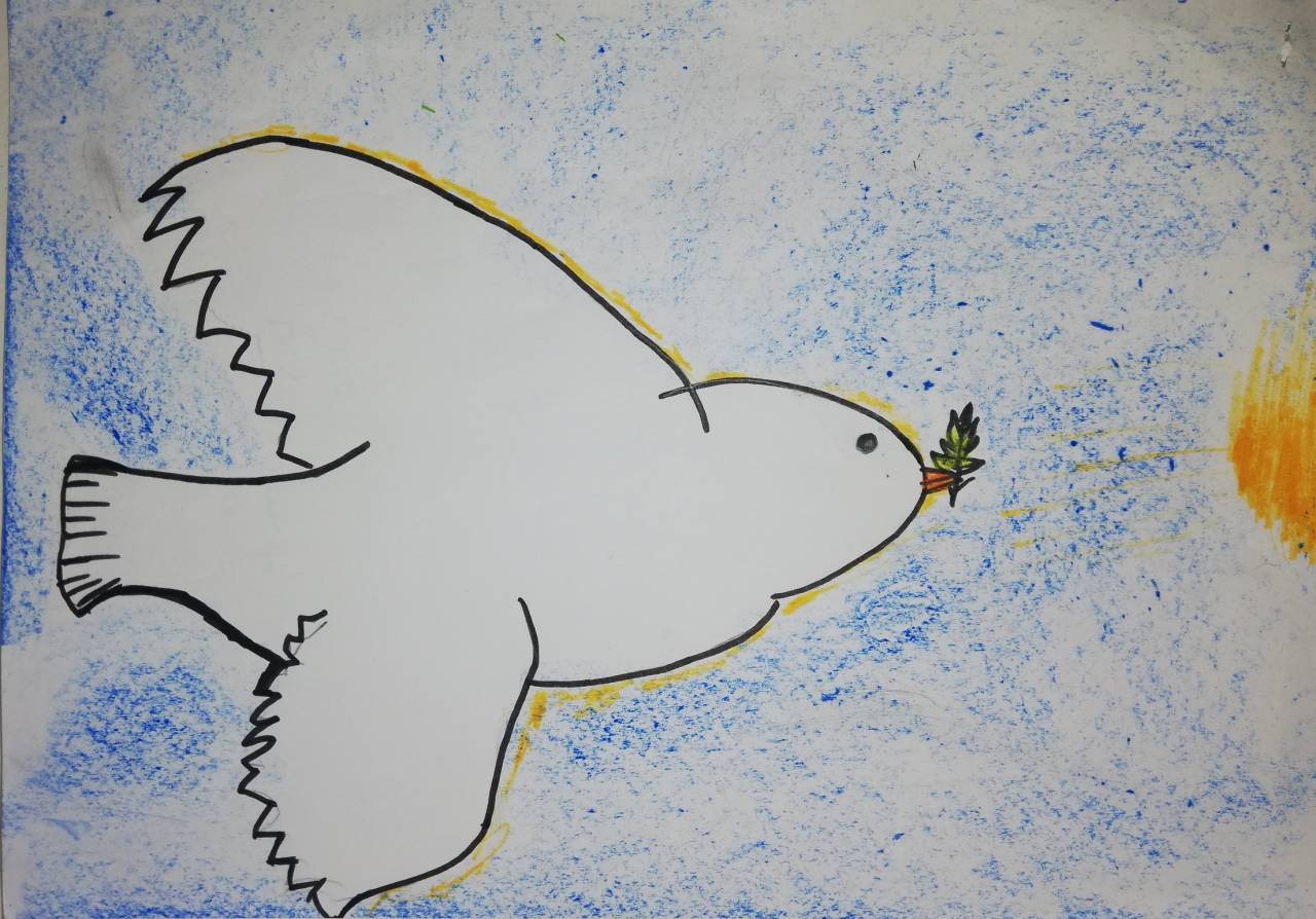 La paloma de la Paz, dibujo de Víctor Higuero (todos los derechos otorgados a la Fundación Orden de la Paz para el concurso Picasso Cuadros Sinfónicos en Málaga)