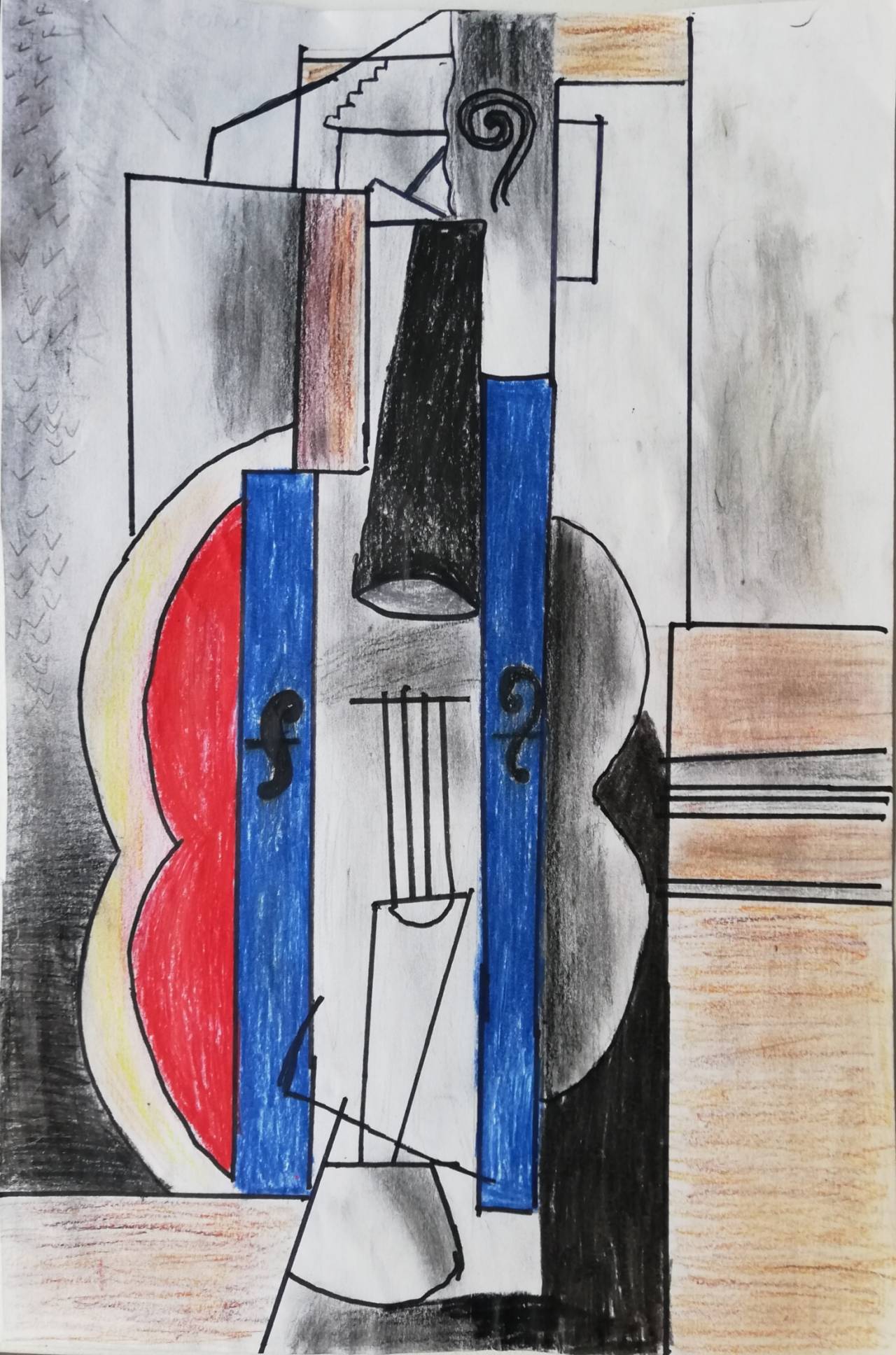 Violín colgado en la pared, dibujo de Laura Utrera (todos los derechos otorgados a la Fundación Orden de la Paz para el concurso Picasso Cuadros Sinfónicos en Málaga)