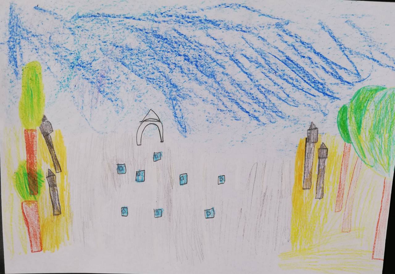 Paseo por los Campos Elíseos, dibujo de Adriana Cano (todos los derechos otorgados a la Fundación Orden de la Paz para el concurso Picasso Cuadros Sinfónicos en Málaga)