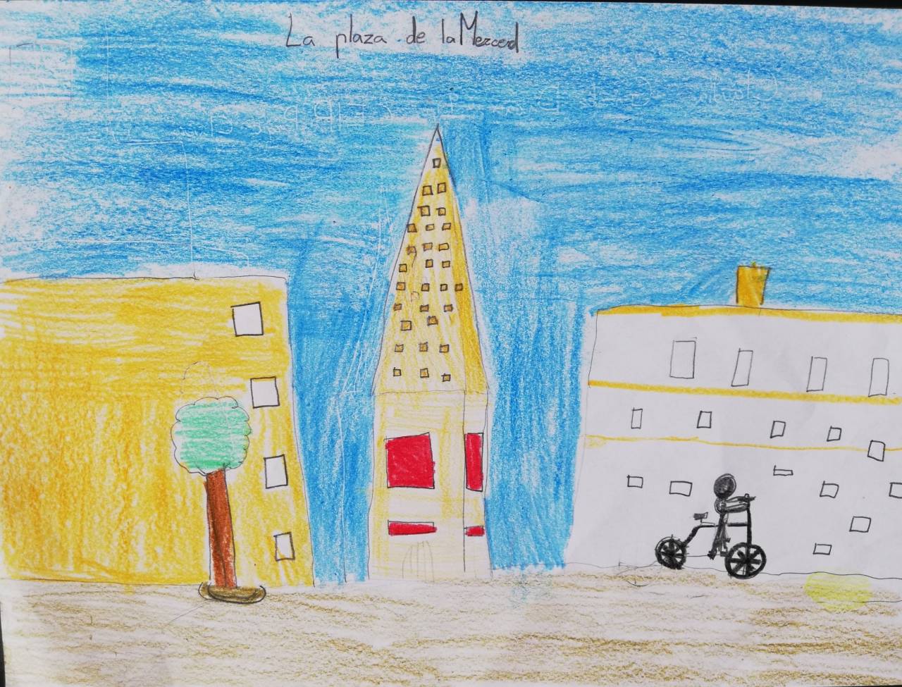 Paseo por la Plaza de la Merced, dibujo de Claudia González (todos los derechos otorgados a la Fundación Orden de la Paz para el concurso Picasso Cuadros Sinfónicos en Málaga)
