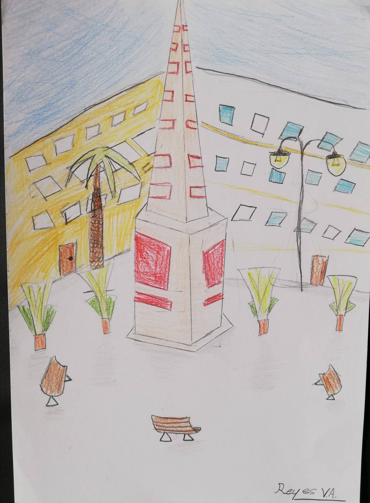 Paseo por la Plaza de la Merced, dibujo de Reyes Vázquez (todos los derechos otorgados a la Fundación Orden de la Paz para el concurso Picasso Cuadros Sinfónicos en Málaga)