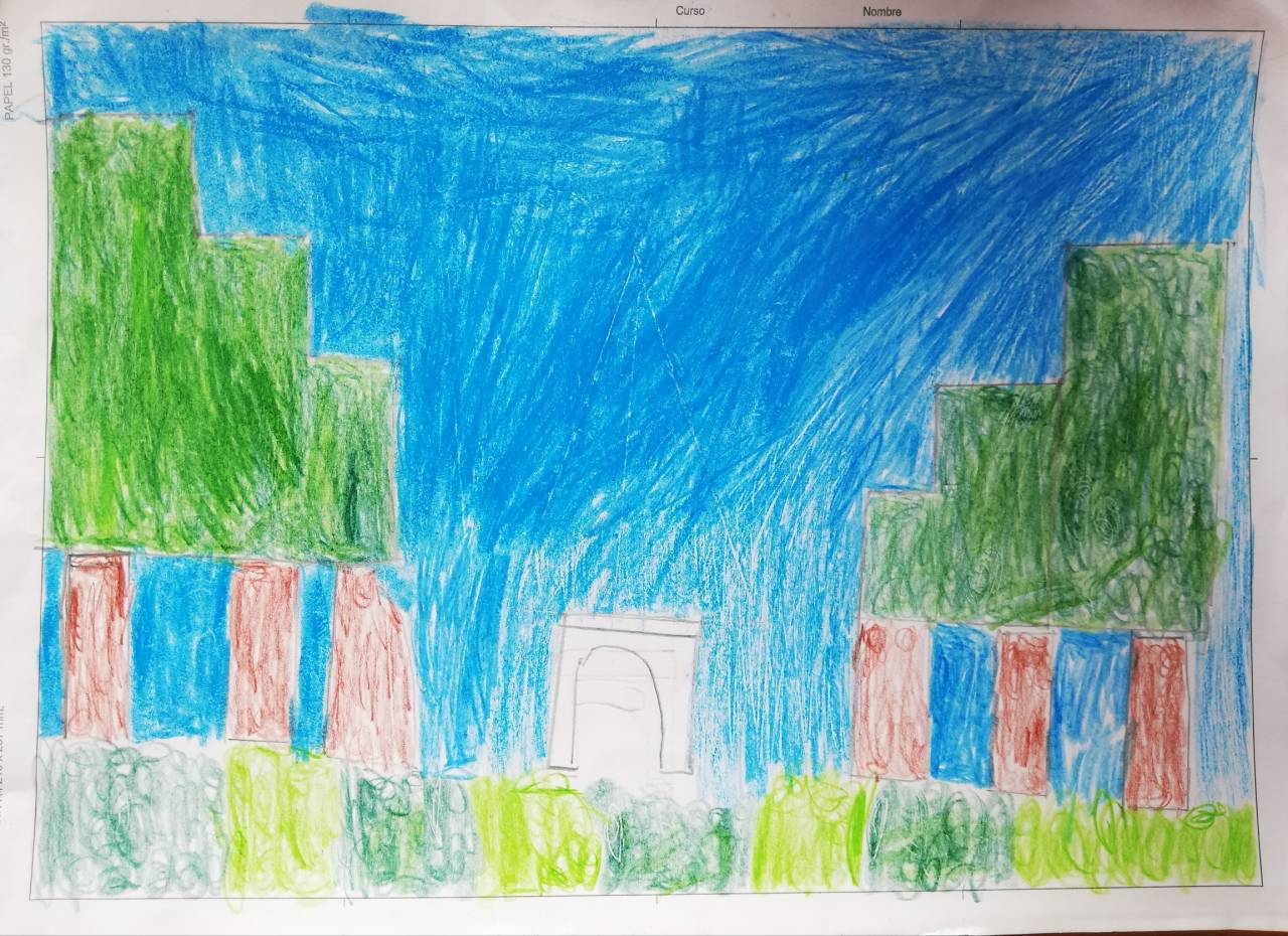 Paseo por los Campos Elíseos, dibujo de Marian Valtner (todos los derechos otorgados a la Fundación Orden de la Paz para el concurso Picasso Cuadros Sinfónicos en Málaga)